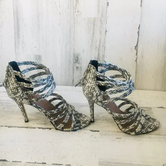 NEW RENVY Snake Print Leather Caged Heel Sandals - Picture 8 of 12